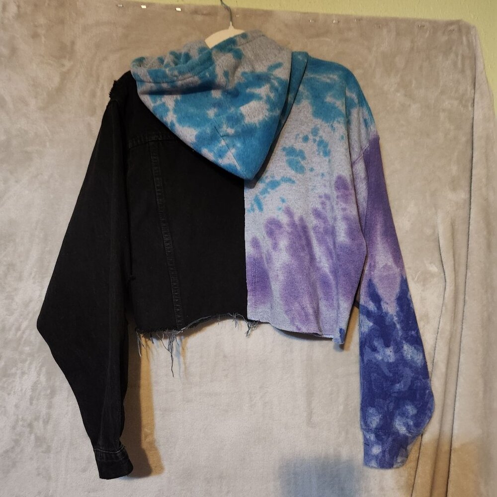 Carman Womens Small Color Blocked Distressed Tie-Dye/Black Cropped Hoodie Jacket - Picture 3 of 5